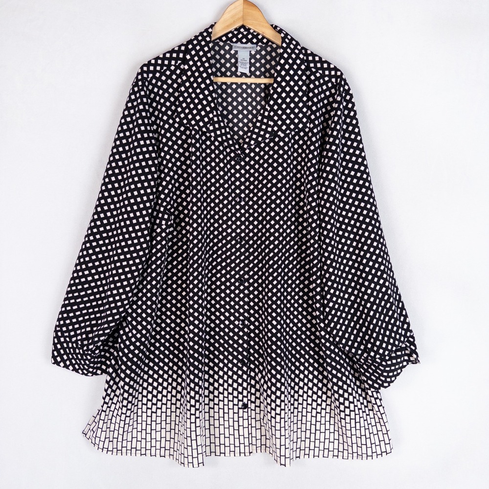 Catherines Blouse Shirt Womens 3X 26/28W Black Ivory Geometric Ombre Tunic New